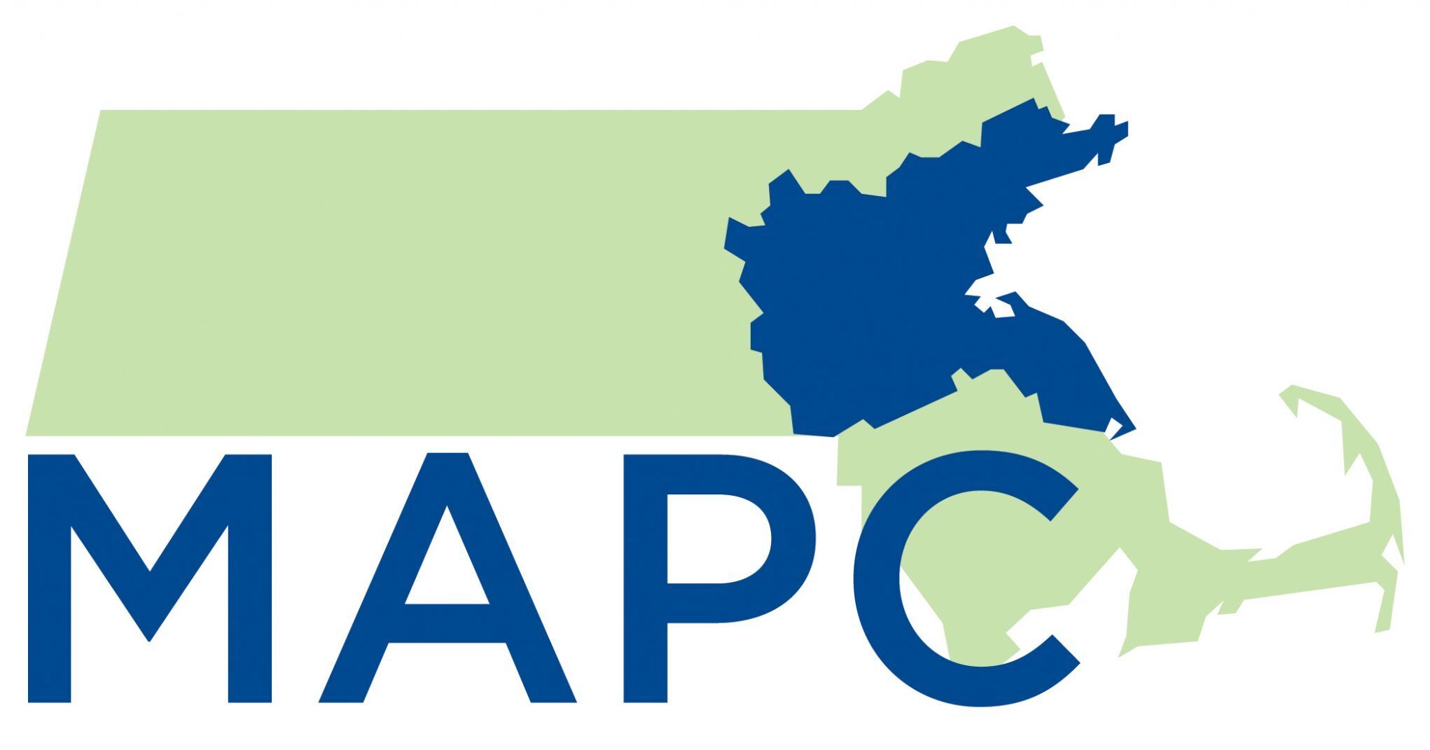 The image is the MAPC logo. A green map of Massachusetts, and the 101 communities MAPC serves colored in a dark blue. Under the map are big, capitalized dark blue letters: MAPC.