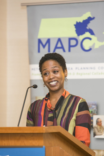 Shirronda Almeida, Chair, Sustainable Communities Consortium, MAPC's 50th Anniversary Celebration, Boston, Mass., October 2013. Courtesy Marilyn Humphries. Shirronda Almeida, Chair, Sustainable Communities Consortium, MAPC's 50th Anniversary Celebration, Boston, Mass., October 2013. Courtesy Marilyn Humphries.