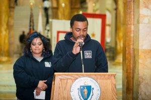 Gina Antuna and Felix Burgos of the Worcester Youth Center shared how the center helped turn their lives around and give them and their family and friends positive options. MAPC Metro Mayors Coalition Community Safety Day on the Hill, Boston, Mass., April 30, 2014. Courtesy Marilyn Humphries.