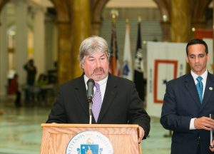 Representative Mike Brady of Brockton spoke about the synergies being created between law enforcement and community partners, as well as the role of young people in addressing youth violence. MAPC Metro Mayors Coalition Community Safety Day on the Hill, Boston, Mass., April 30, 2014. Courtesy Marilyn Humphries.