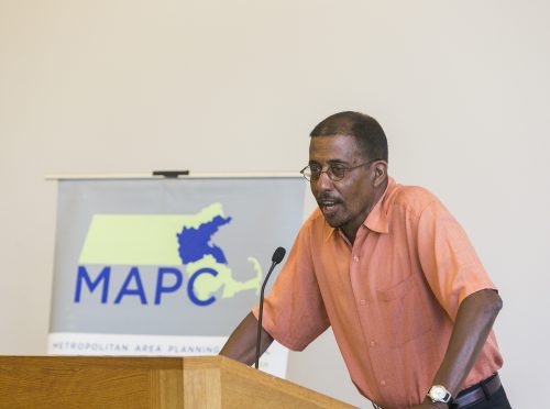 "All our struggles have to tie in together," said David Harris, the Managing Director of the Charles Hamilton Houston Institute, in his welcome. MAPC State of Equity in Metro Boston Action Agenda Release Event, July 11, 2014, Cambridge, Mass. Courtesy Marilyn Humphries.