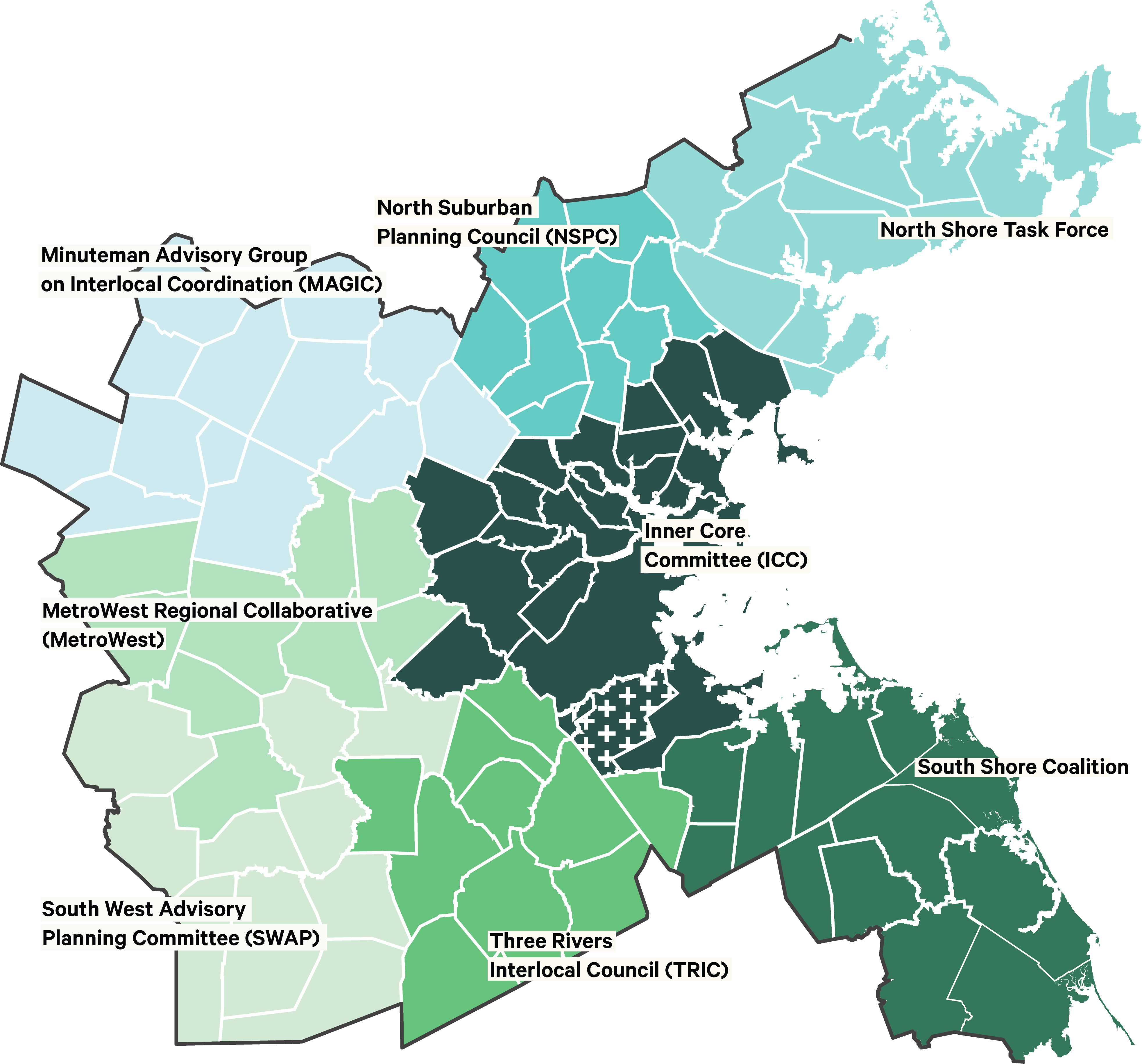 SubregionMap_Transparent Image is a a map of the region MAPC serves, broken out into subregion.