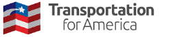 transportation-for-america-logo Transportation for America logo. In large, bold, black text it says, "Transportation". Under that in regular, large, black text it says, "for America". To the left of the words is an image of a waving American flag.