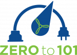 Image is of a blue electric cord with a plug circling behind a blue water drop with light green wind turbine blade inside of it. Text below the illustration is in light green and says, "Zero to 101".