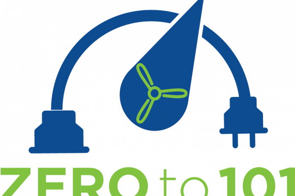 Image is of a blue electric cord with a plug circling behind a blue water drop with light green wind turbine blade inside of it. Text below the illustration is in light green and says, "Zero to 101".