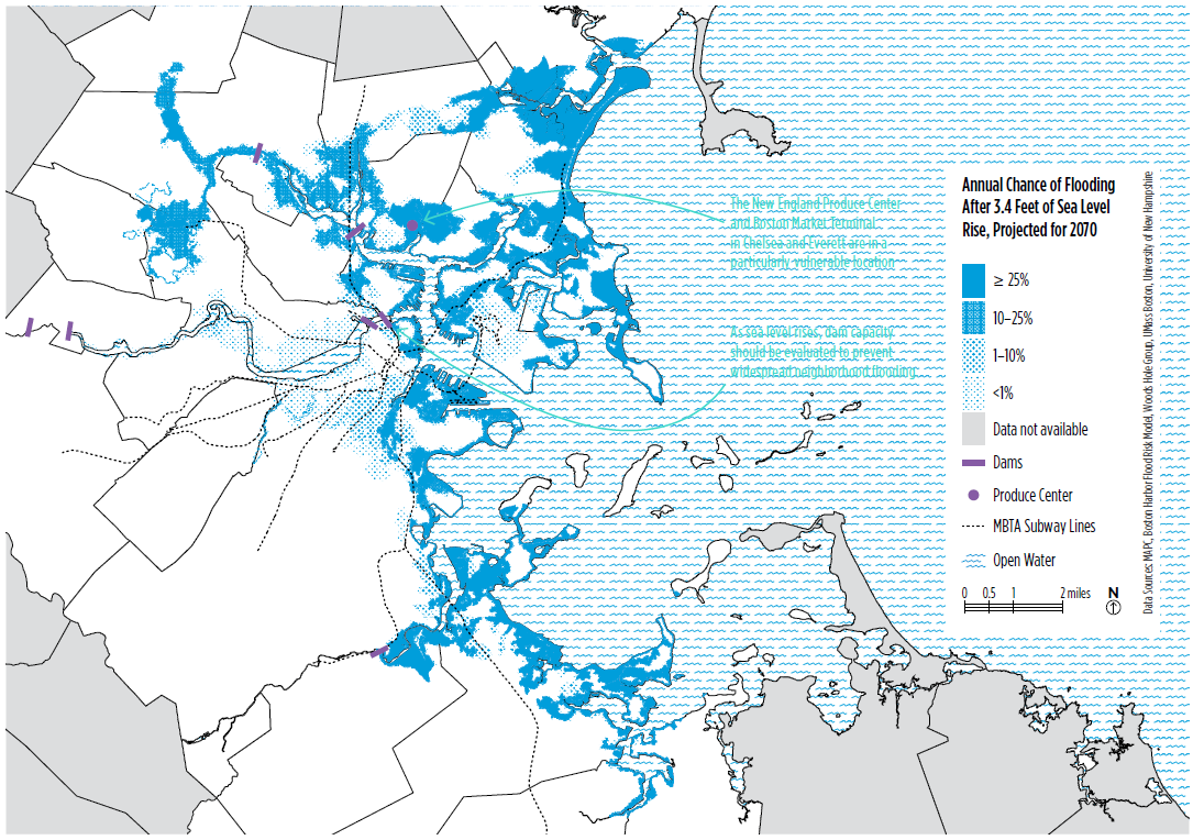 Map shows the annual chance of flooding after 3.4 feet of sea level rise, the projection for 2070. Many coastal areas and river basins have 25% chance of flooding annually. 