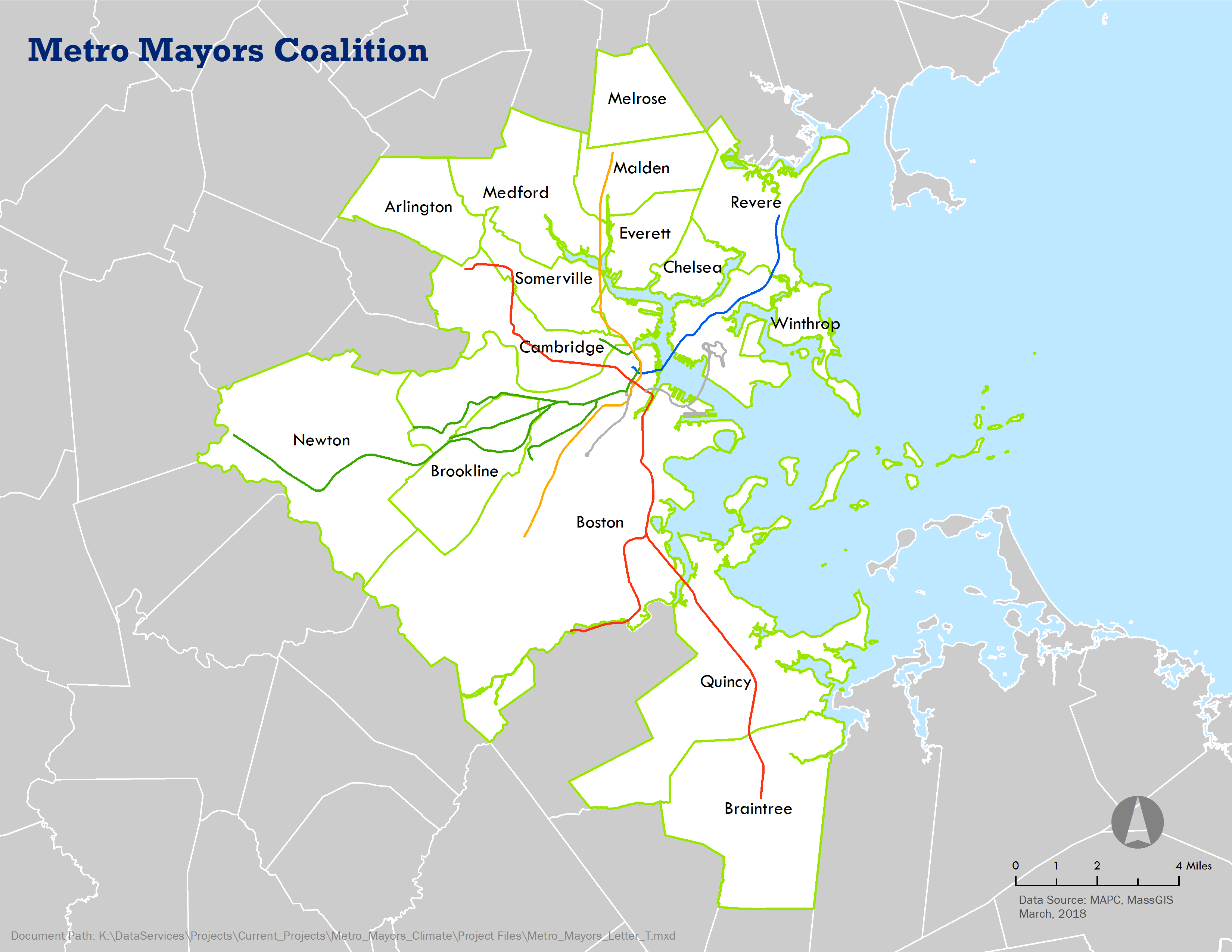 Image is a map of the Greater Boston region outlined, and lists most of the cities who are in the Metro Mayors Coalition.