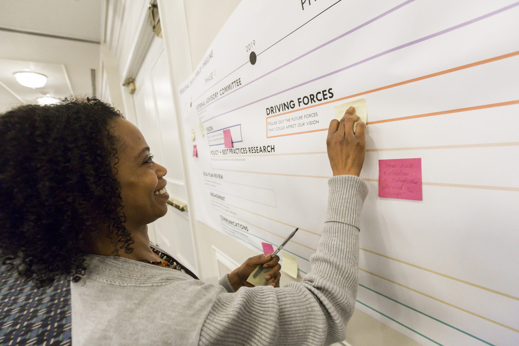 180530AnCnMtg185 Photo is a dark-skinned woman smiling and posing sticky notes up on the wall.