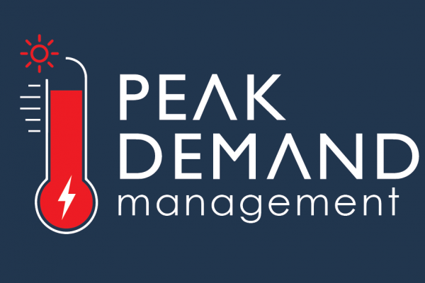 Peak Demand management logo. A thermometer illustrating high heat, and white text to the right of the thermometer that says, "Peak Demand management". It's on a dark blue background.