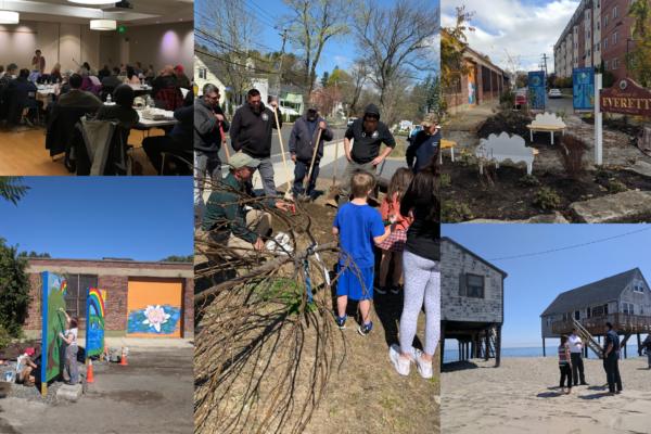 A collage of five different images of buildings, houses, the beach, people outside, and a meeting.