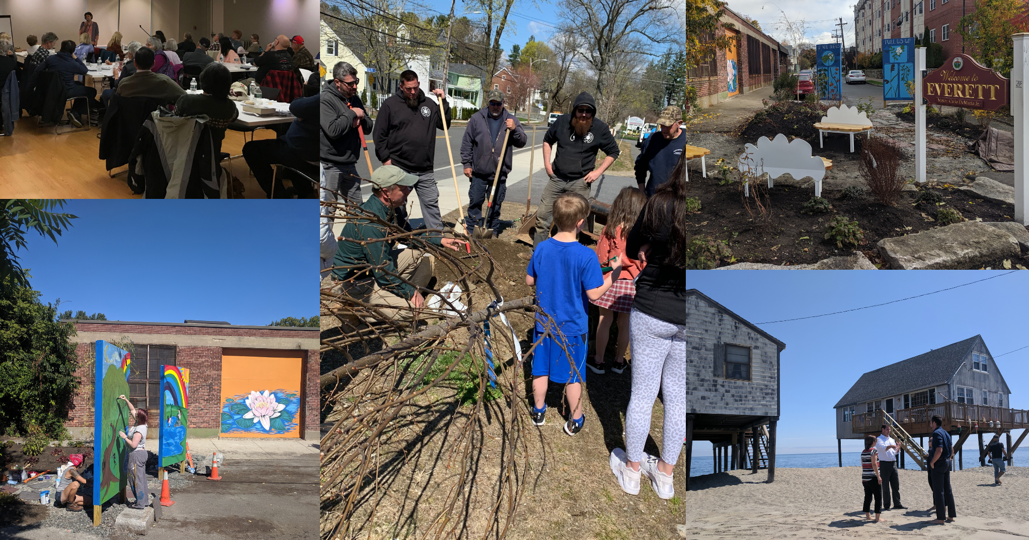 A collage of five different images of buildings, houses, the beach, people outside, and a meeting.