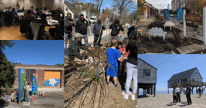 A collage of five different images of buildings, houses, the beach, people outside, and a meeting.