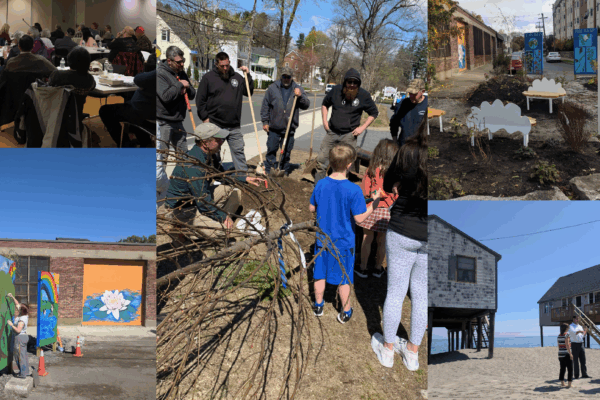 A collage of five different images of buildings, houses, the beach, people outside, and a meeting.
