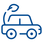 noun-car-5019865-004A91 Blue incon of a vehicle from the right side with a leaf and stem coming out the back of the vehicle.
