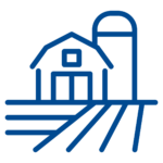 noun-farm-7110847-004A91 Blue icon of a farm house and a silo. In front of both are horizontal and vertical lines representing a field.