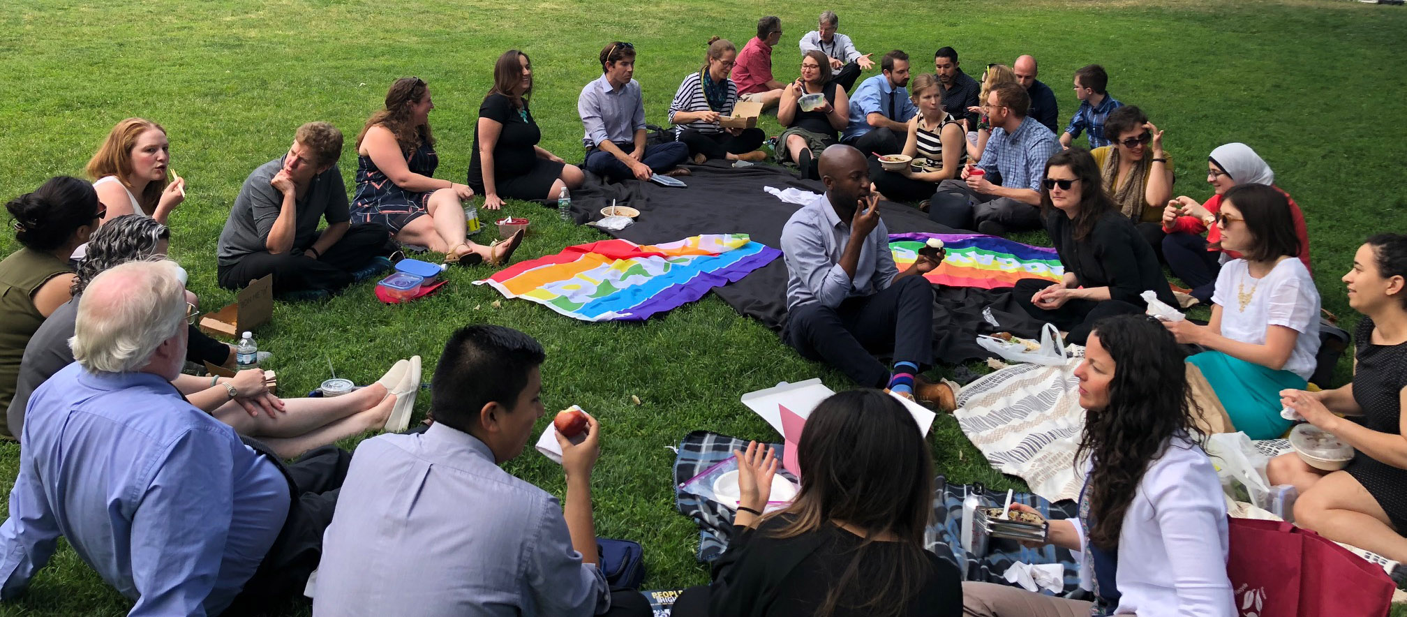 MAPC staff sit in a circle on the grass eating food, talking, with Pride flags spread out on the grass.
