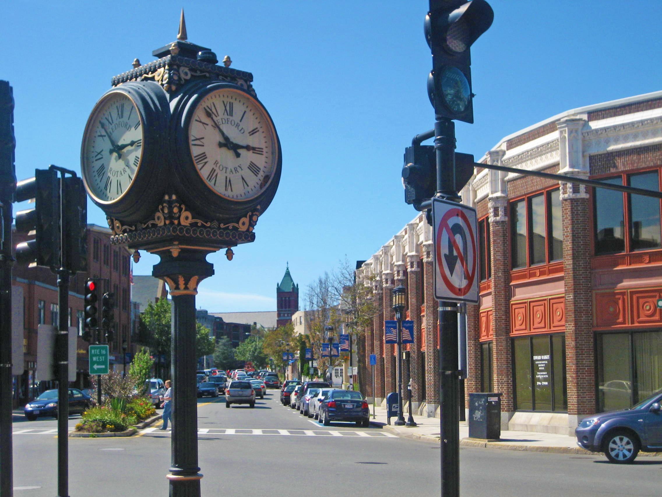 Medford Square, with a large clock in the foreground