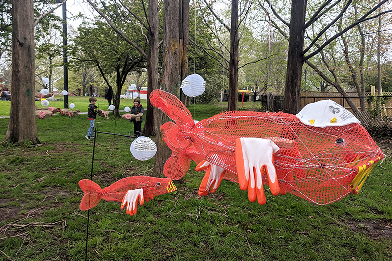 IMG_20190504_115056 Koi fish made out of construction netting, gloves, and air mask at Wake Up the Earth 2019