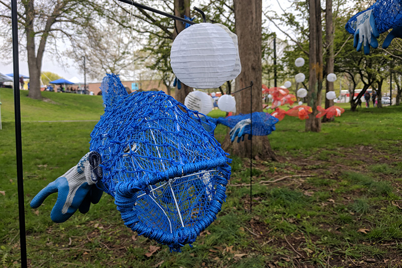 Koi fish sculpture made out of fishing net at Wake Up the Earth 2019