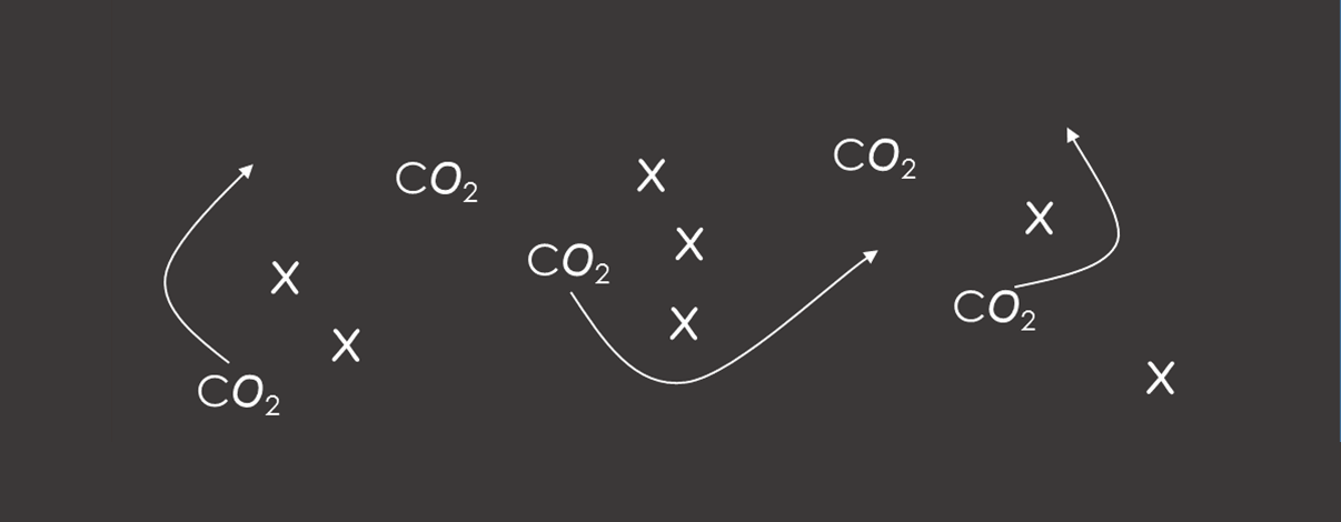 Decorative illustration of the letters "CO2", "X", and then arrows. All in white over a black background. The image looks like a playbook.