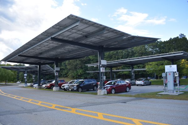 Solar canopy over the Wayland Middle School parking lot.