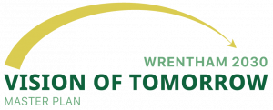 Image text is, "Wrentham 2030, Vision of Tomorrow Master Plan." Text is in green and there is a yellow thin arrow arching from left to right over all of the words.