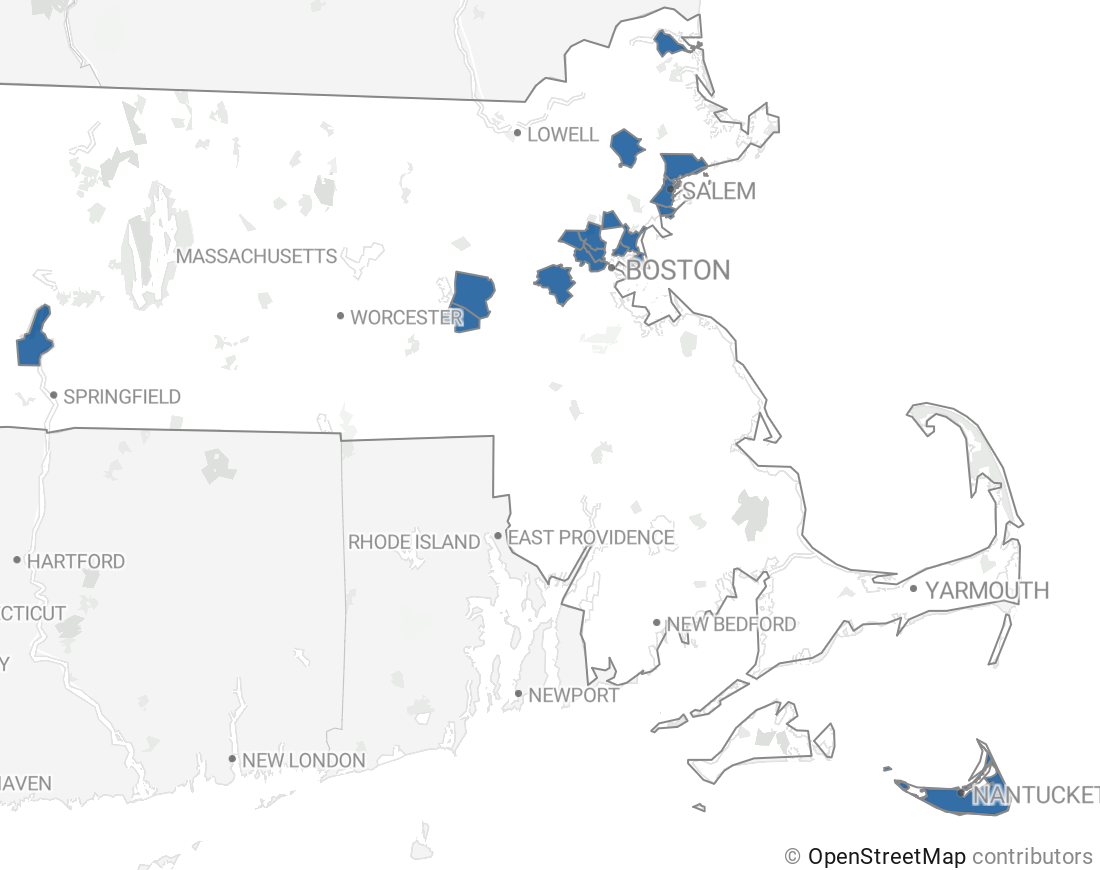 Ky0of-(2) Arlington, Ashland, Beverly, Cambridge, Chelsea, Framingham, Holyoke, Medford, Melrose, Middleton, Nantucket, Newburyport, Newton, Revere, Salem, Somerville, Swampscott and Winthrop highlighted on map