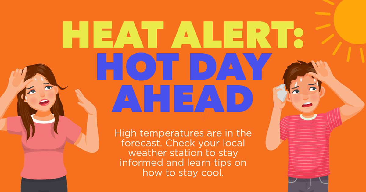 3 Heat Alert: Hot Day Ahead with smaller text. A illustrated woman in a pink short and an ilustrative man in a pink shirt. Background is orange.