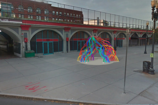 A mockup of a colorful sculpture, shaped like a half-dome and made of interconnected metal in string shapes; superimposed on a photograph of Lynn's Central Square station
