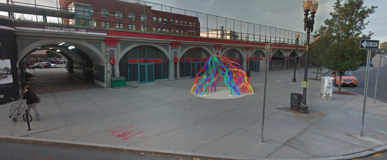 Screen Shot 2021-08-06 at 5.39.35 PM A mockup of a colorful sculpture, shaped like a half-dome and made of interconnected metal in string shapes; superimposed on a photograph of Lynn's Central Square station