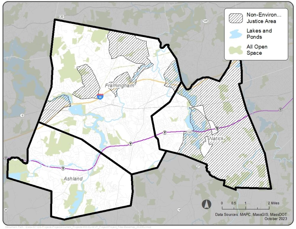 Map of Environmental Justice Areas: Ashland, Framingham, and Natick