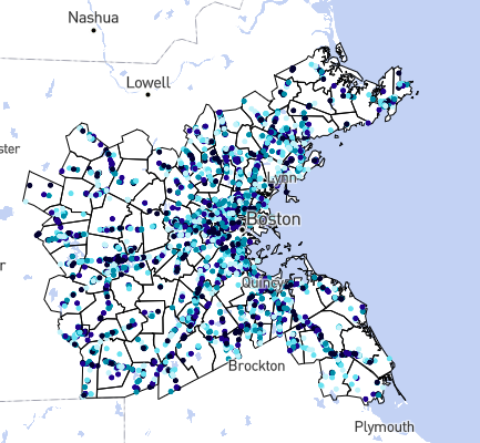 A map of the Greater Boston region showing retail strip mall areas in the region.