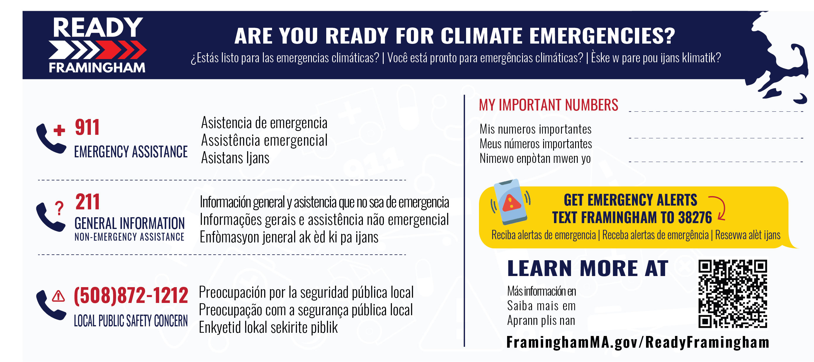 This magnet was sent to residents living in Environmental Justice neighborhoods in Framingham. It includes emergency contact numbers in English, Spanish, Portuguese, and Haitian Creole.