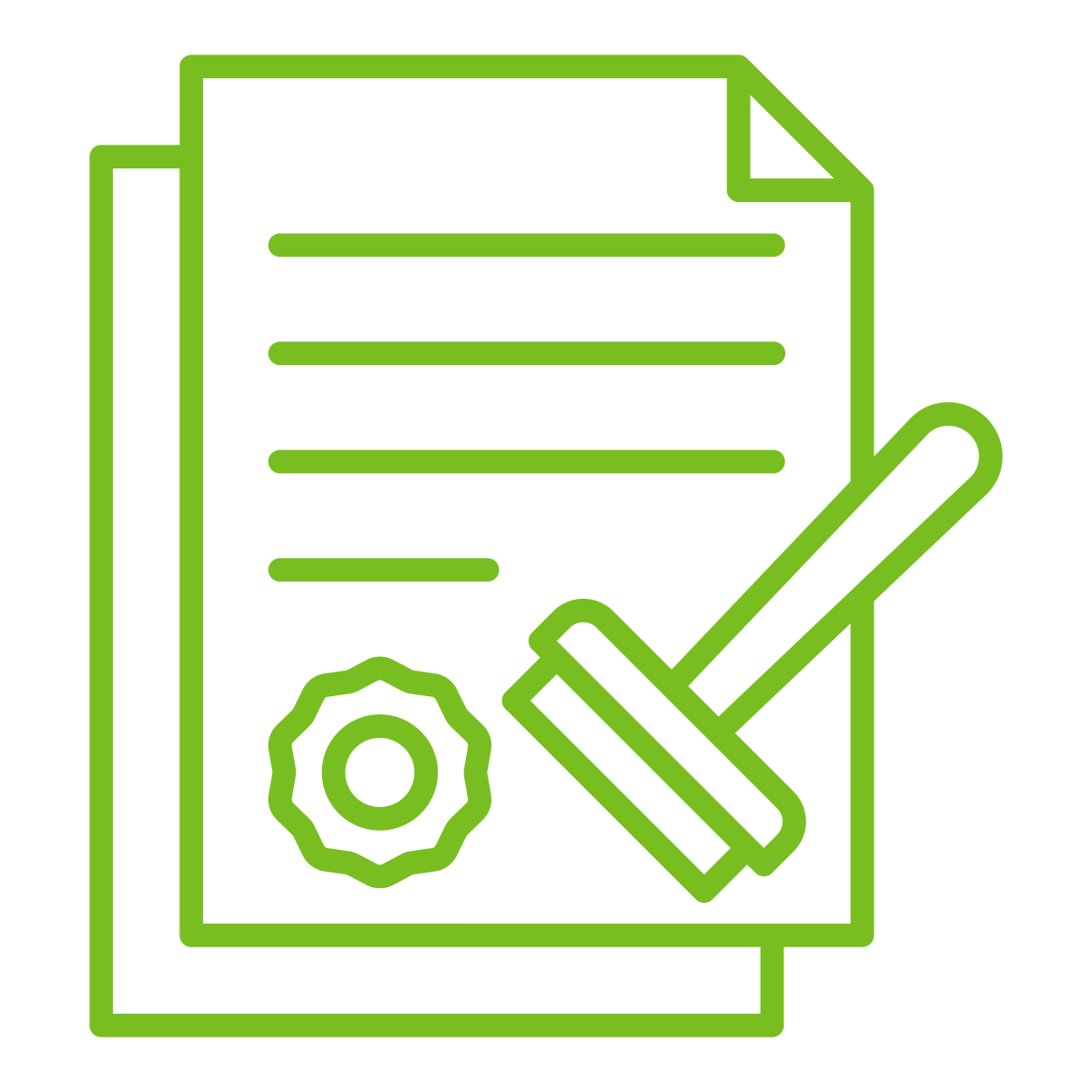 Icon of two pieces of paper, one on top of the other. The top paper has four lines on it, a round "stamp" symbol, and there is a stamper to the right of it.