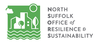 Image is a logo. On the left is an illustration of a building, water, and the sky in white and green. On the right is the text, "North Suffolk Office of Resilience and Sustainability). 