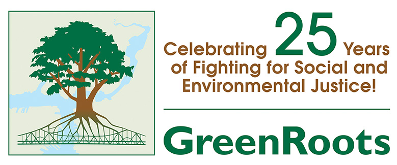 Image is a logo. On the left is a tree illustration in a box. On the right text says, "Celebrating 25 years of fighting for social and environmental justice! GreenRoots."