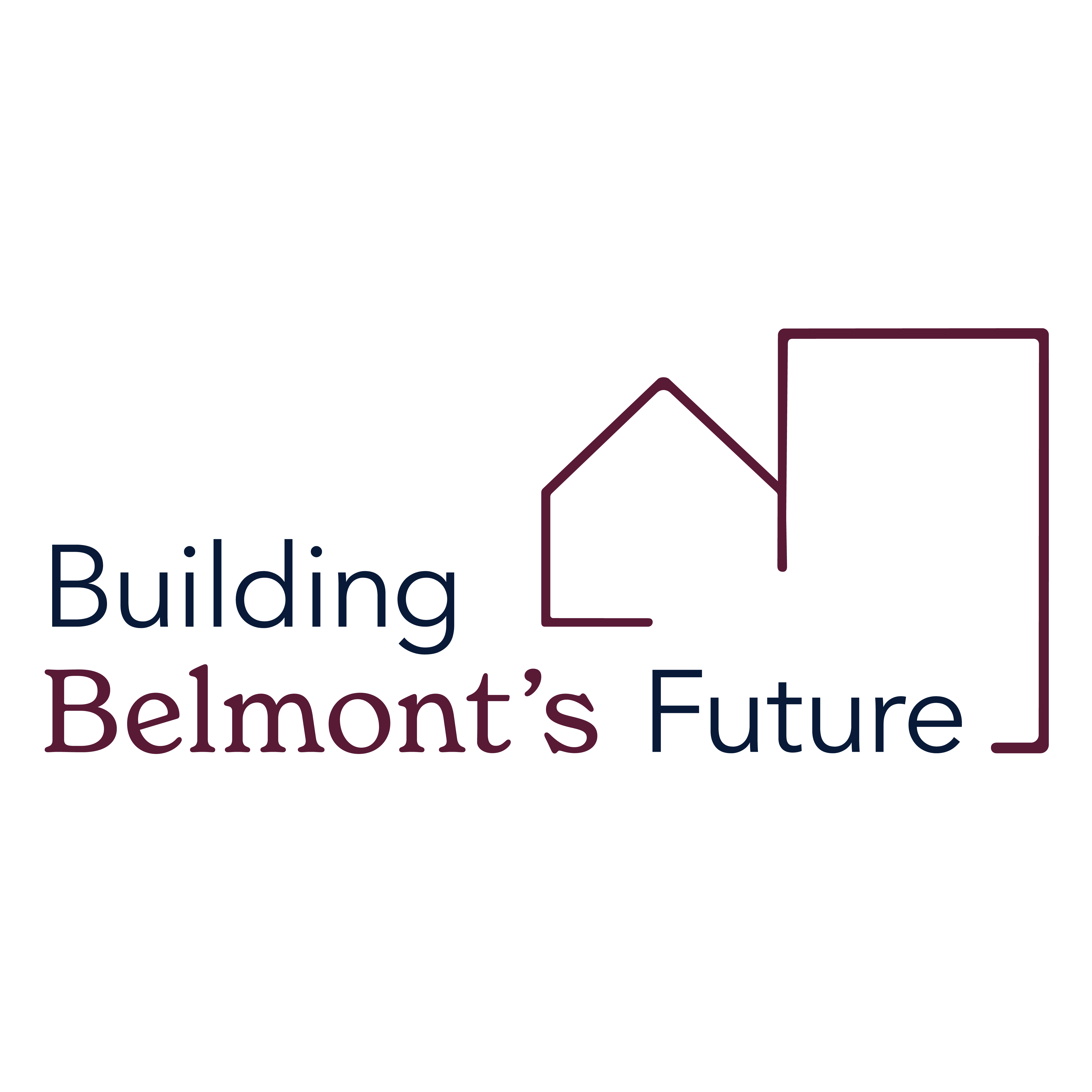 Image is a simple outline of two buildings, and to the left the words "Building Belmont's Future".