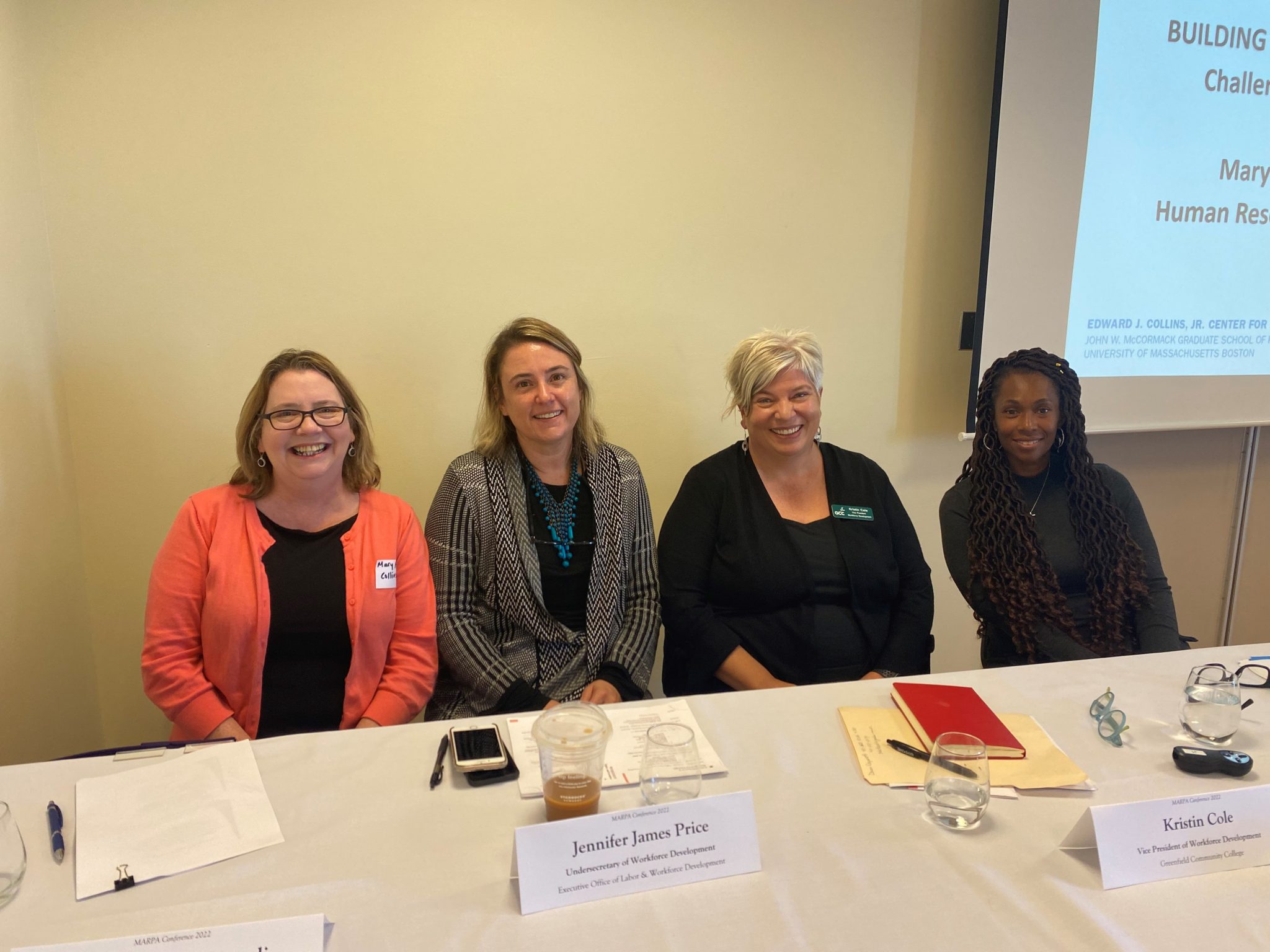 MARPA workshop 2 "Building the Municipal Workforce Pipeline:
Challenges and Opportunities"
L to R: Mary Flanders Aicardi, Human Resources Practice Leader, Collins Center for Public Management; Jennifer James Price, Undersecretary of Workforce Development,
Executive Office of Labor and Workforce Development; Kristin Cole, Vice President of Workforce Development,
Greenfield Community College; Kim Williams, Assistant Town Manager, Town of Bridgewater