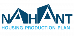 Nahant Housing Production Plan logo. The word Nahant is written in big dark blue letters. Underneath the word Nahant are the words Housing Production Plan in all caps, but smaller text size and in light blue.