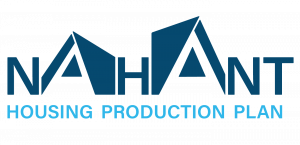 Nahant HPP Style_MDblue Logo Nahant Housing Production Plan logo. The word Nahant is written in big dark blue letters. Underneath the word Nahant are the words Housing Production Plan in all caps, but smaller text size and in light blue.