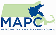 The image is the MAPC logo. A green map of Massachusetts, and the 101 communities MAPC serves colored in a dark blue. Under the map are big, capitalized dark blue letters: MAPC. Under the letters in small, capitalized, dark blue letters, it says Metropolitan Area Planning Council.