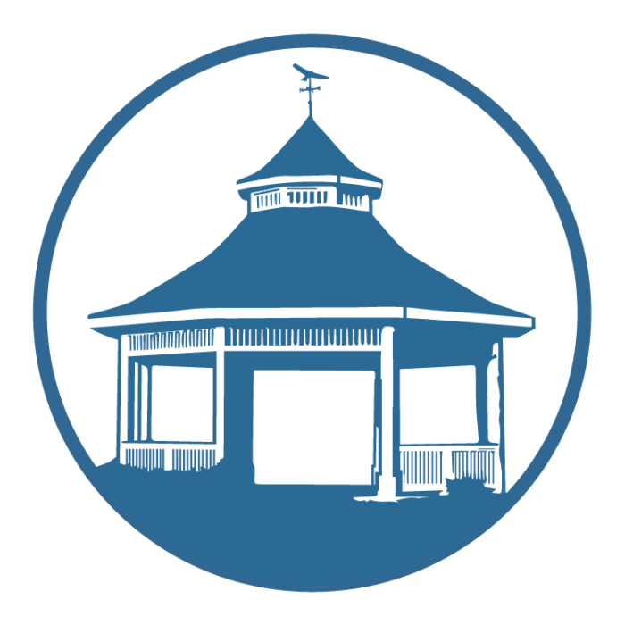 Illustration of a gazebo in a blue color, and illustration is inside a blue circle.