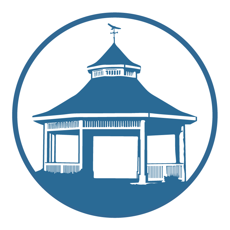 Illustration of a gazebo in a blue color, and illustration is inside a blue circle.