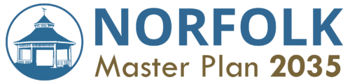 Image is the Norfolk project logo. On the left in blue is an illustration of a gazebo inside a circle. On the right are the words: "Norfolk Master Plan 2035".