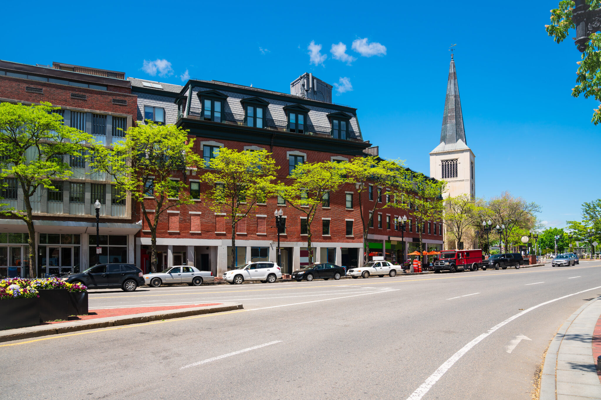 Cambridge Sreet view in Cambridge, Massachusetts, with blue sky