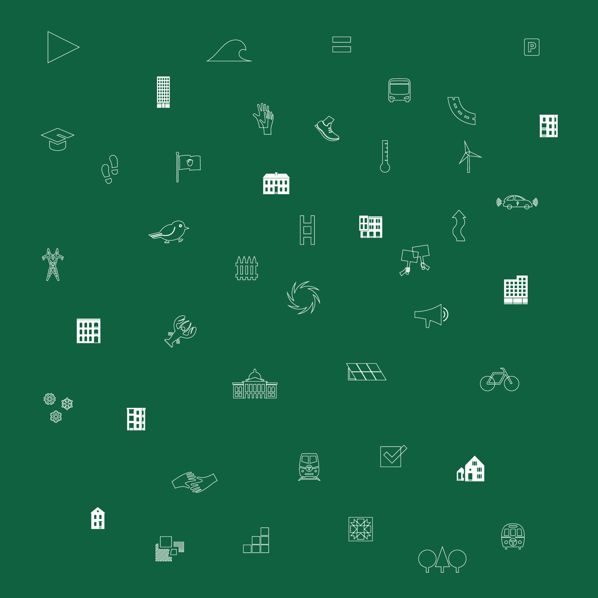 Image is a dark green background that has a collage of different small icons in white scattered all over it.