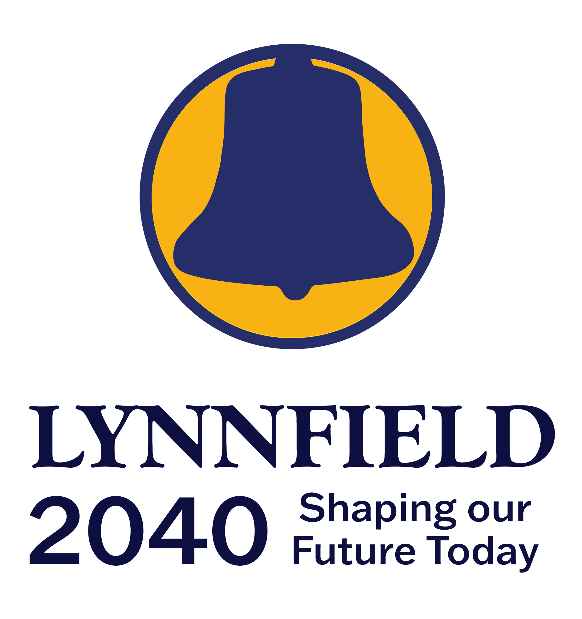 Lynnfield 2040 Logo-Vertical_Navy Lynnfield 2040 project logo. A circle outlined in dark purple, with a purple bell inside the circle with a yellow background in the circule. Stacked underneath is the text, "Lynnfield 2040: Shaping Our Future Today".