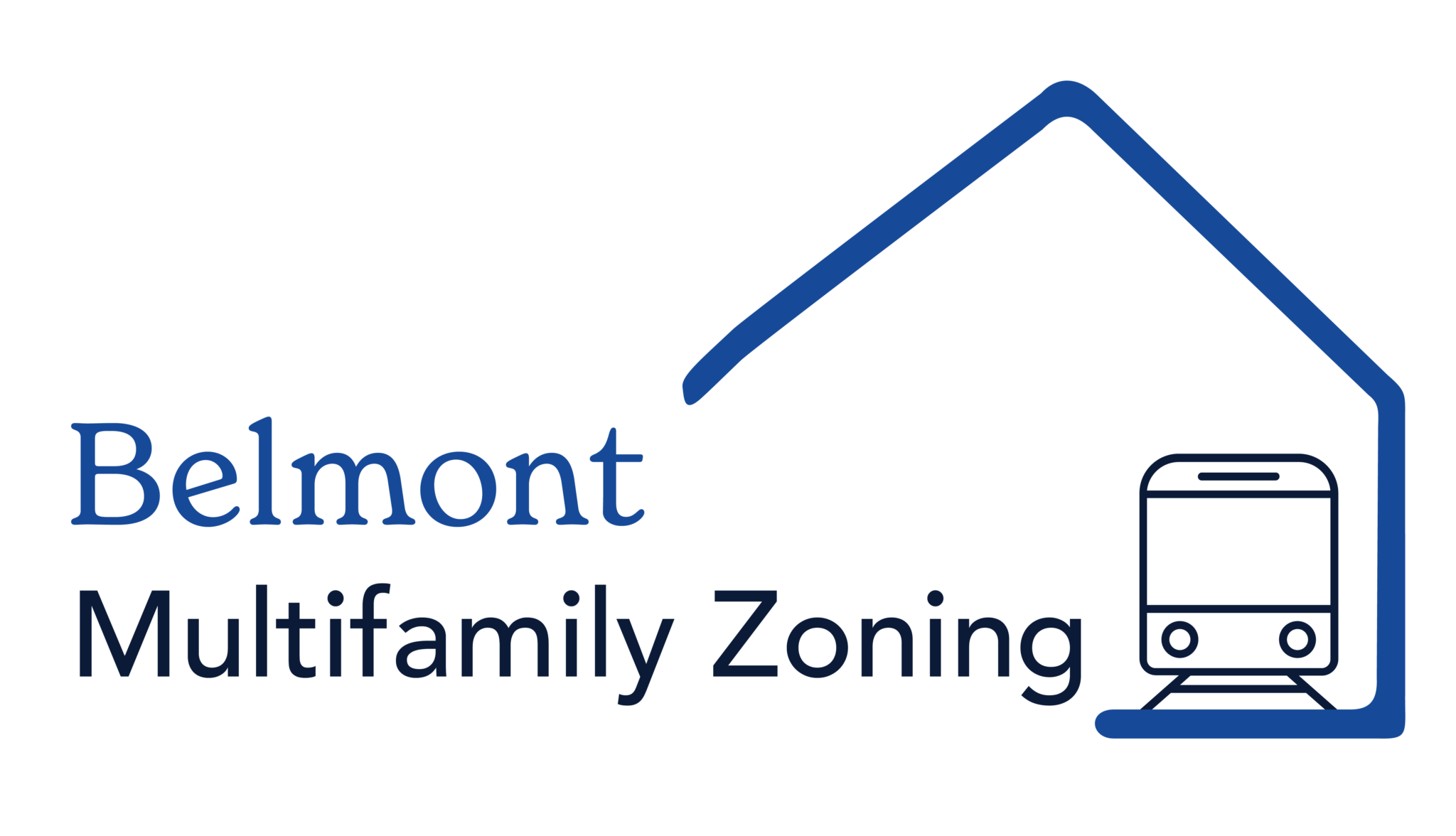 Belmont Multifamily Zoning Project. It includes part of a house outline with a bus icon inside of it and text that says, "Belmont Multifamily Zoning".