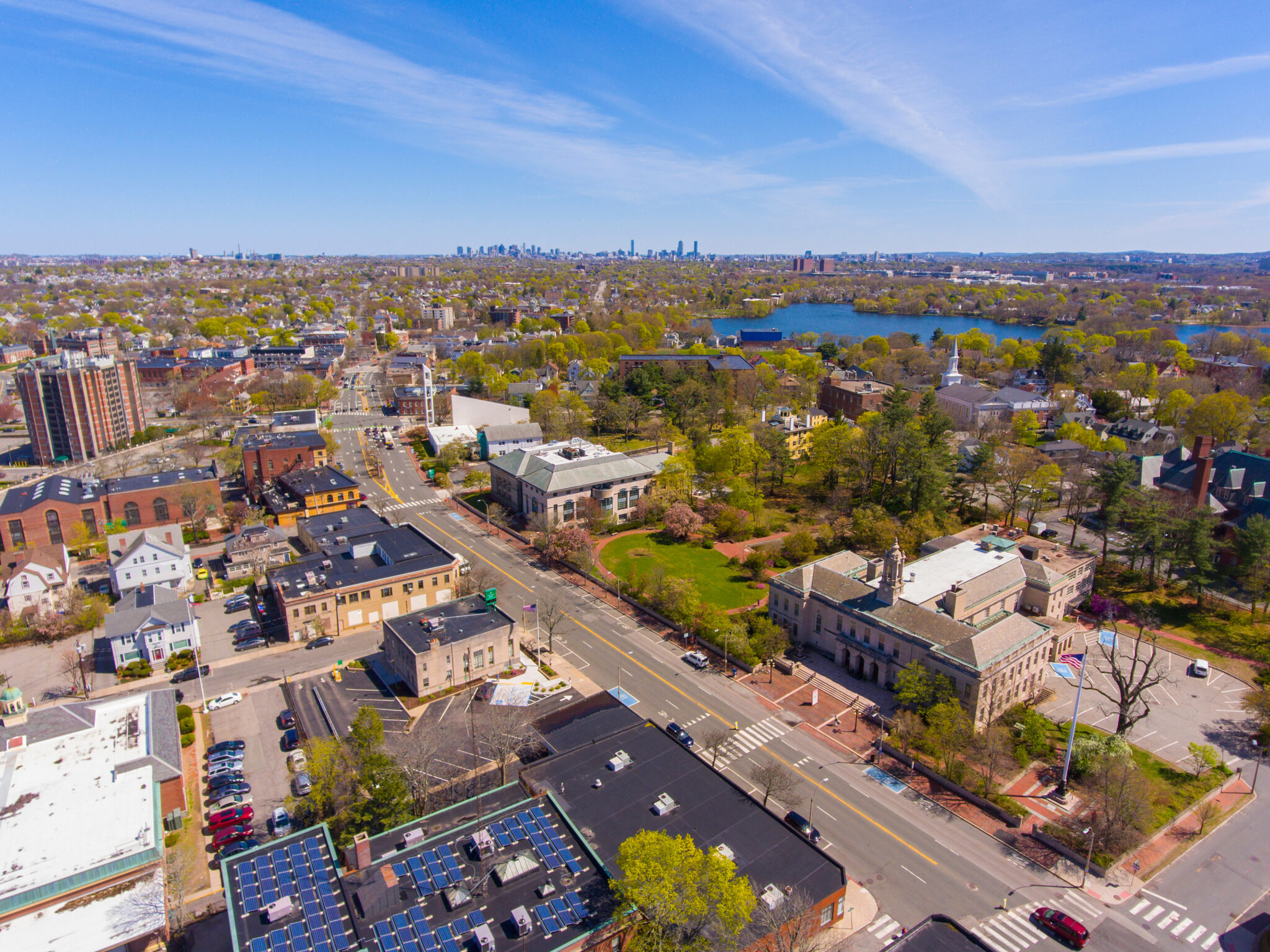 An aerial photo of the historic downtown area of Arlington, Massachusetts.