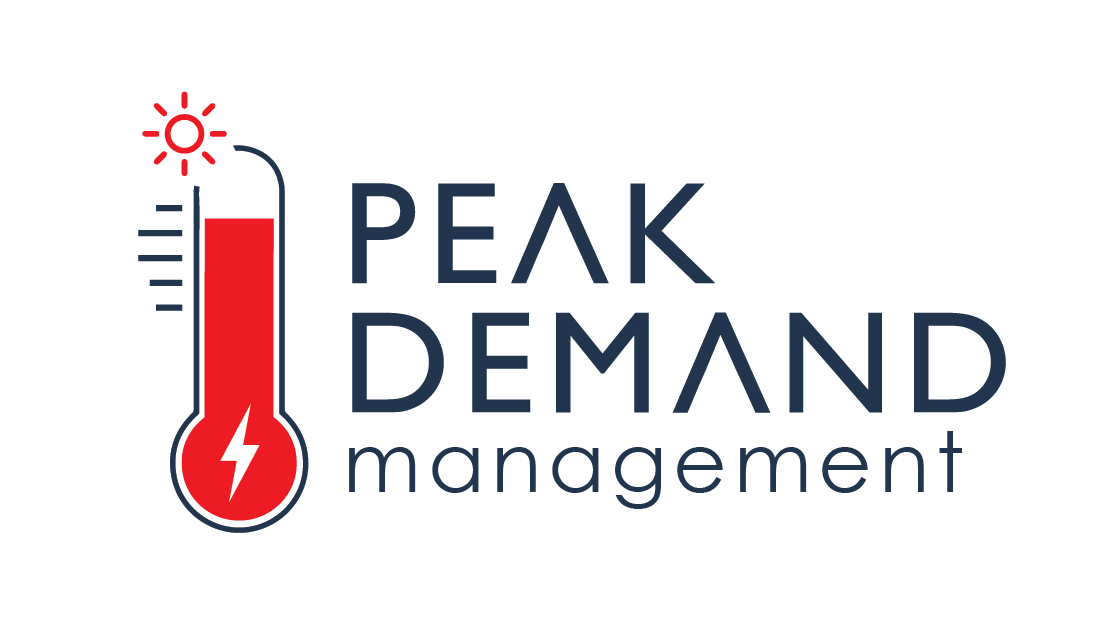 Peak Demand program logo. Black text says, "Peak Demand Management". To the left of the text is a red and black thermometer.